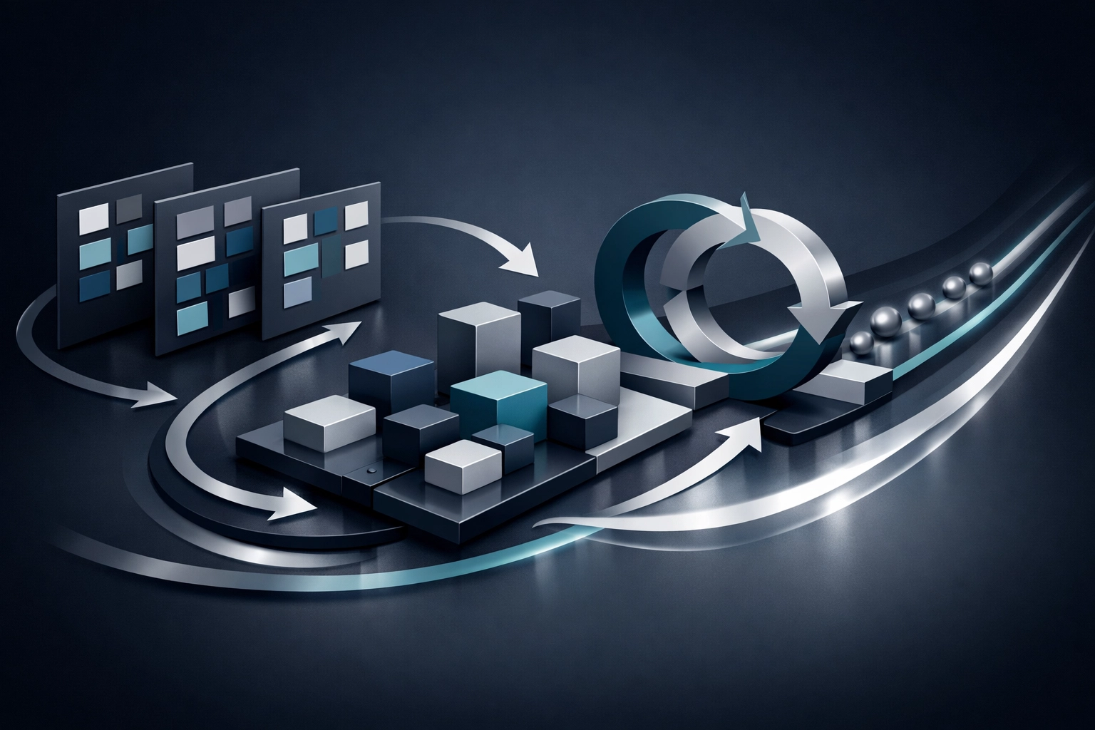 Abstract Agile operations metaphor showing adaptive flow, cleared bottlenecks, and strategic execution.
