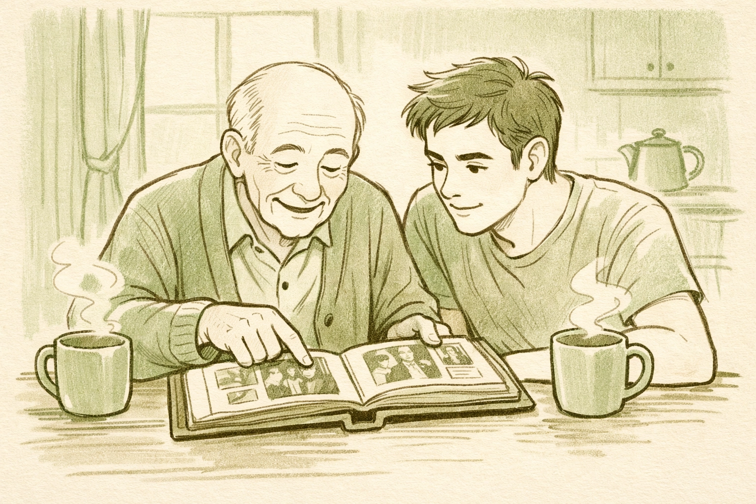 LGBTQ+ elder sharing photos and history with younger gay man over coffee