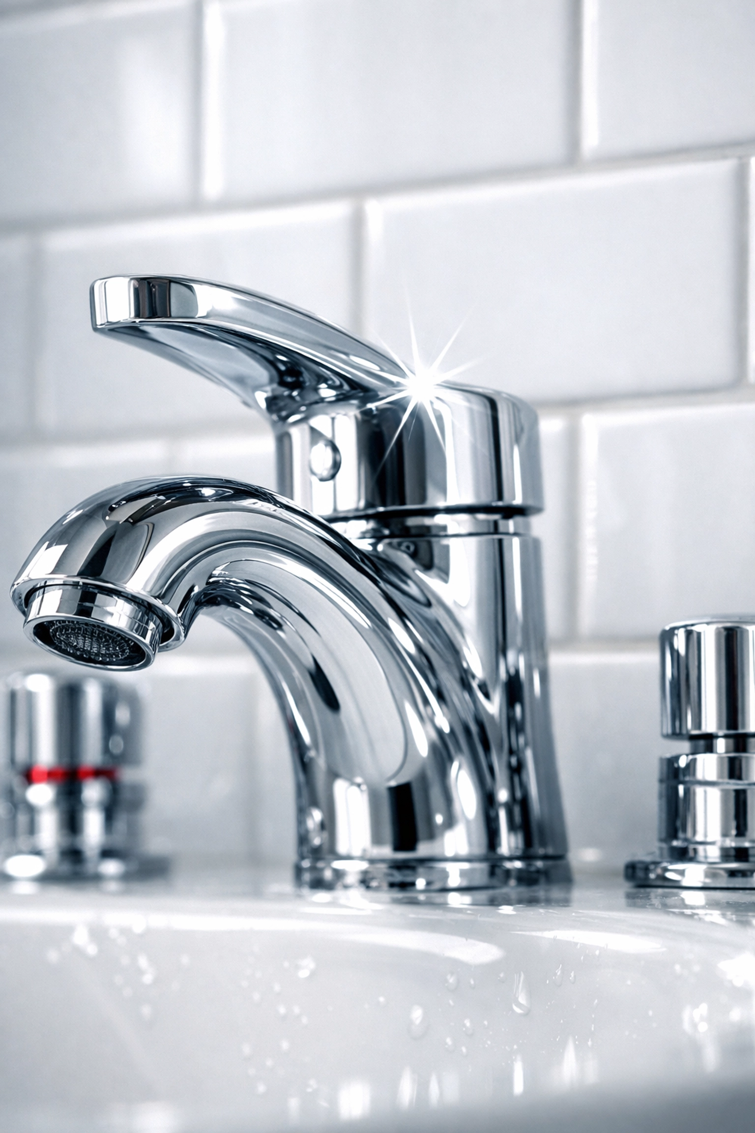 Detail of a sparkling chrome bathroom faucet and clean tiles illustrating deep move-out cleaning standards.
