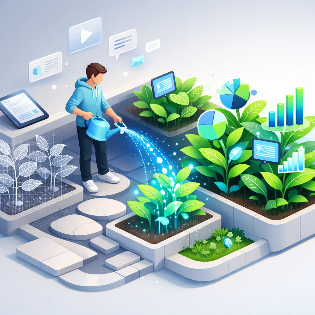 Digital content garden being watered to grow high-performing assets and improve user experience.
