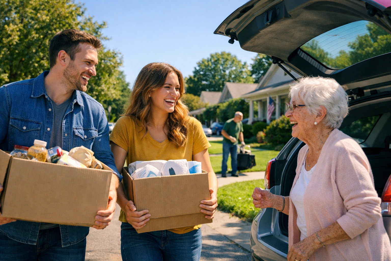 A young Christian couple performing community outreach by helping an elderly neighbor with supplies.