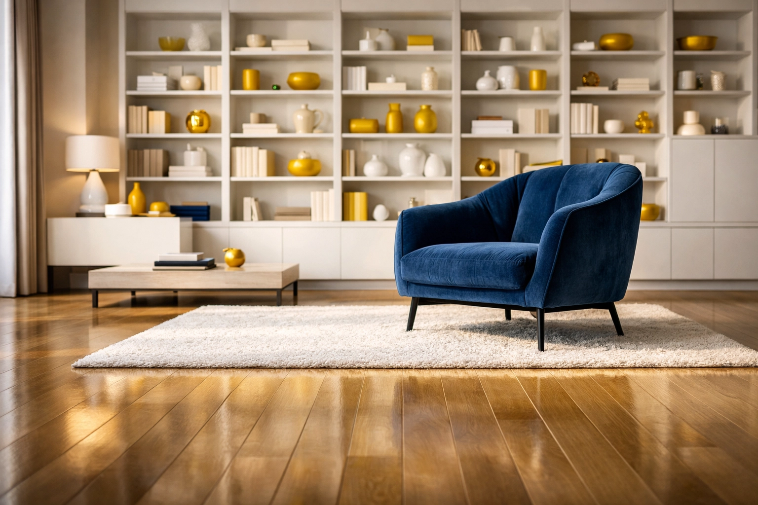 A spotless luxury living room illustrating the difference between deep and regular cleaning services.