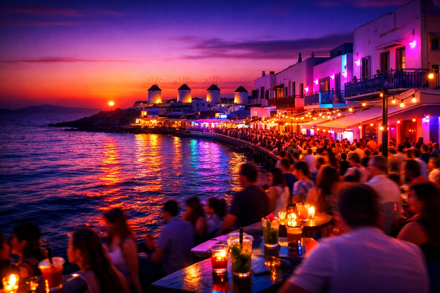 Iconic Mykonos windmills and sunset views from a crowded waterfront bar in Little Venice.