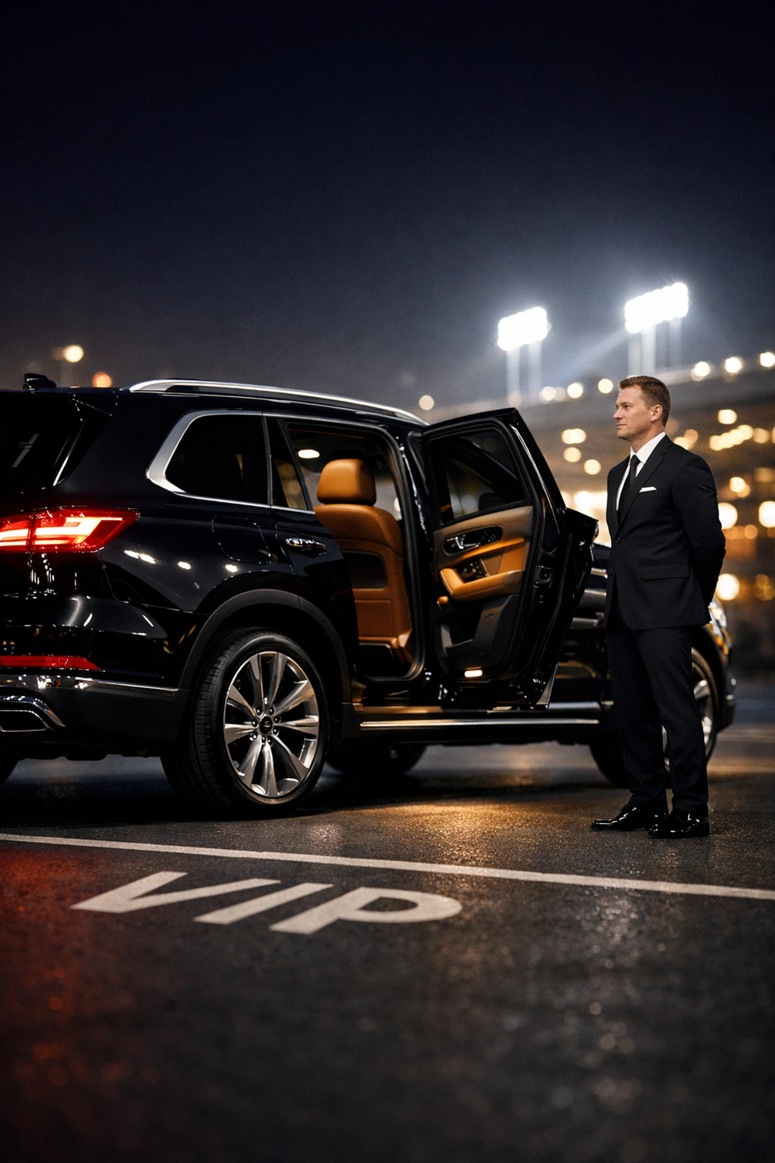 Sleek black luxury SUV and chauffeur providing seamless executive transport at a VIP stadium exit.