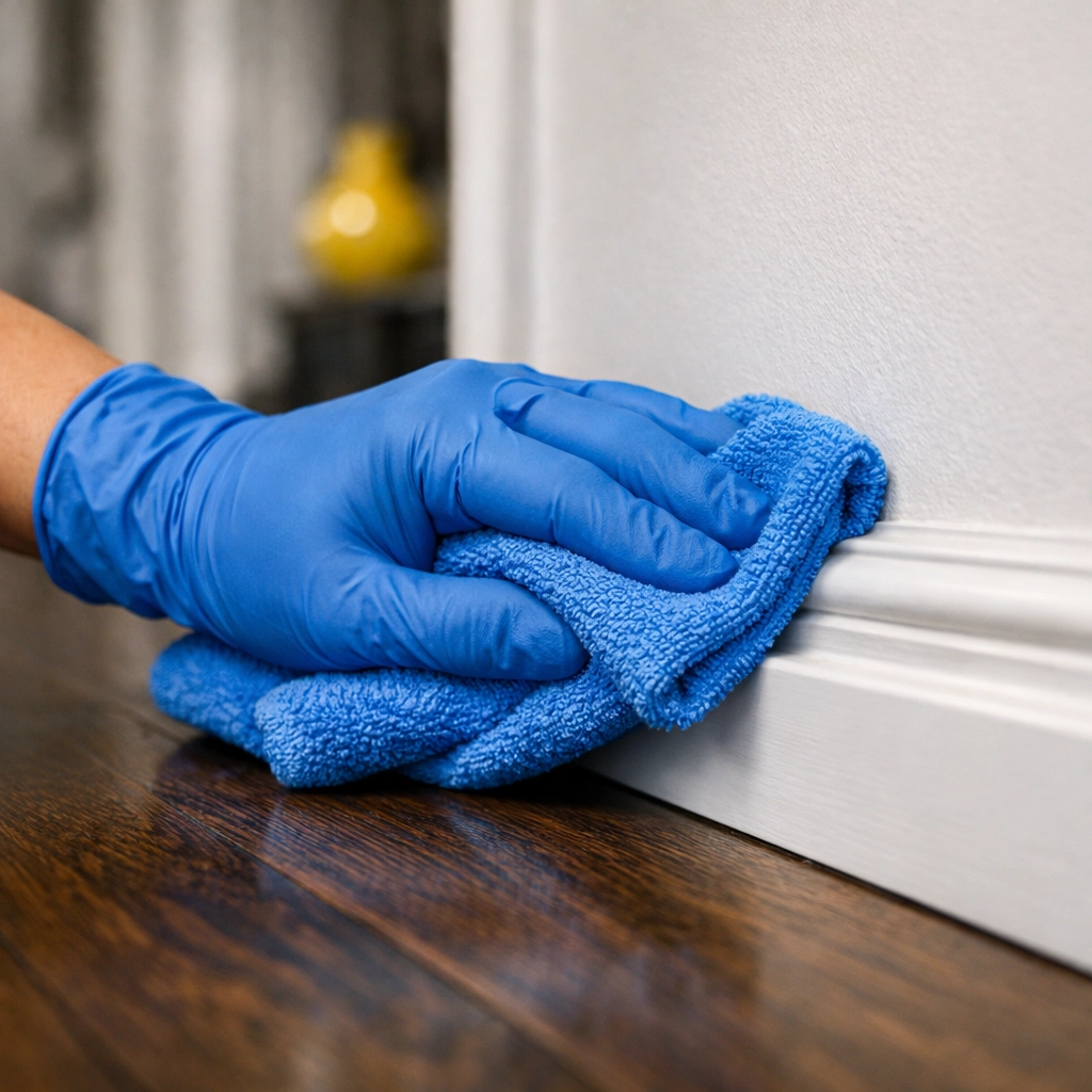 Close-up of professional deep cleaning detailing on baseboards in a high-end Newton house.