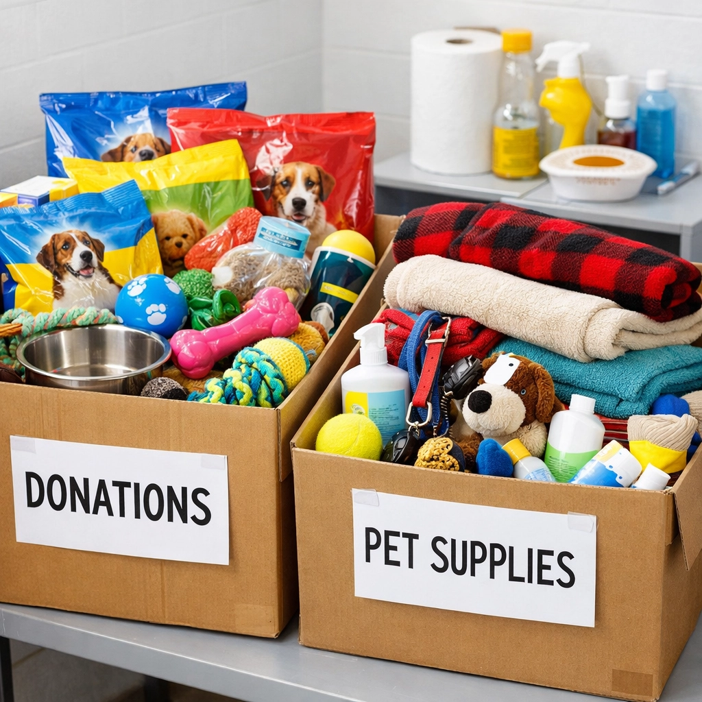 Cardboard boxes filled with donated dog food, blankets, and toys for a local animal shelter.