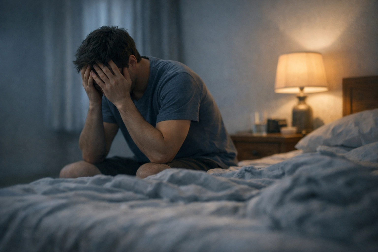 Férfi stresszel az ágyon - a teljesítményszorongás rontja a merevedést