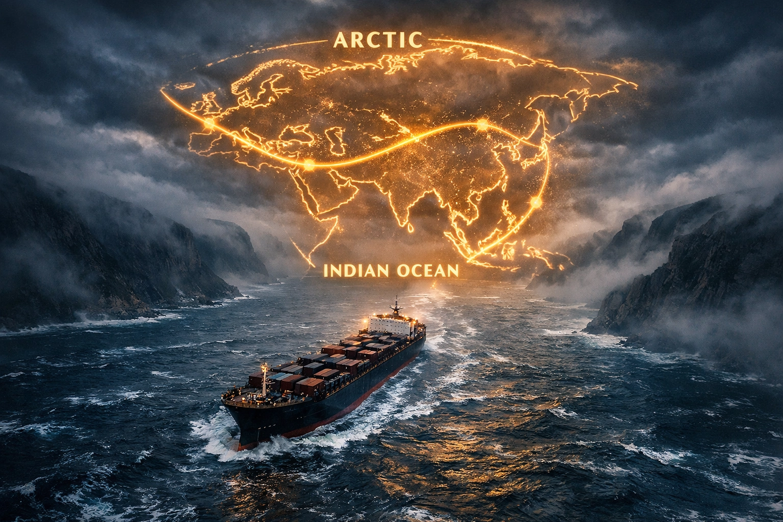 Russia Connection: Cargo ship navigating maritime energy routes through strategic straits.