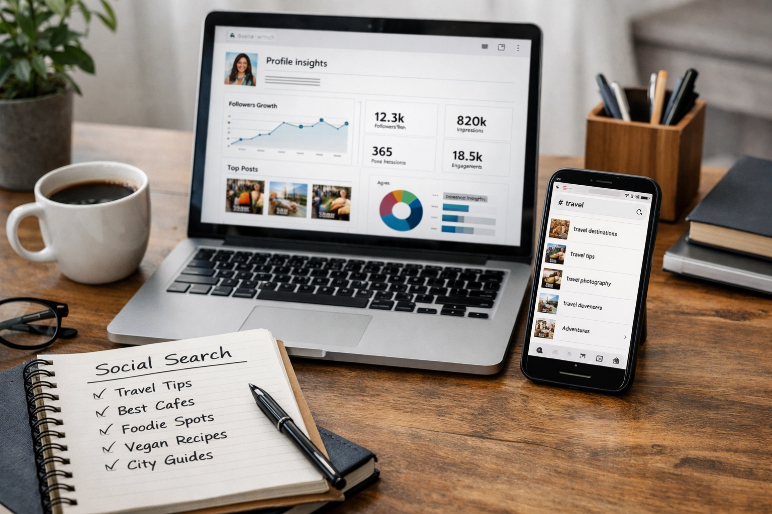 A real small-business workspace with a phone open to social search results and a laptop nearby, natural lighting.