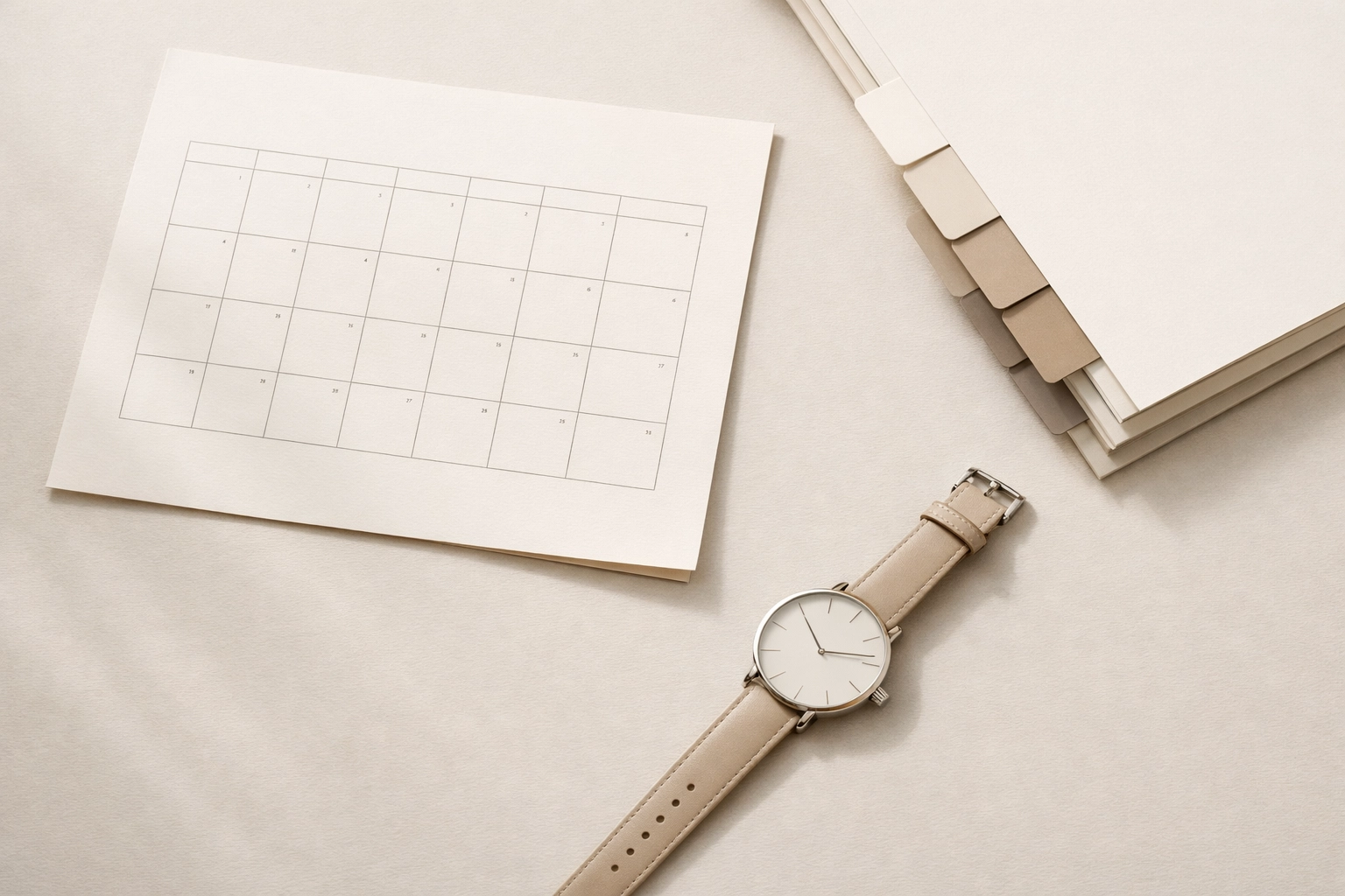 Minimalist neutral-toned planning cadence workspace image.