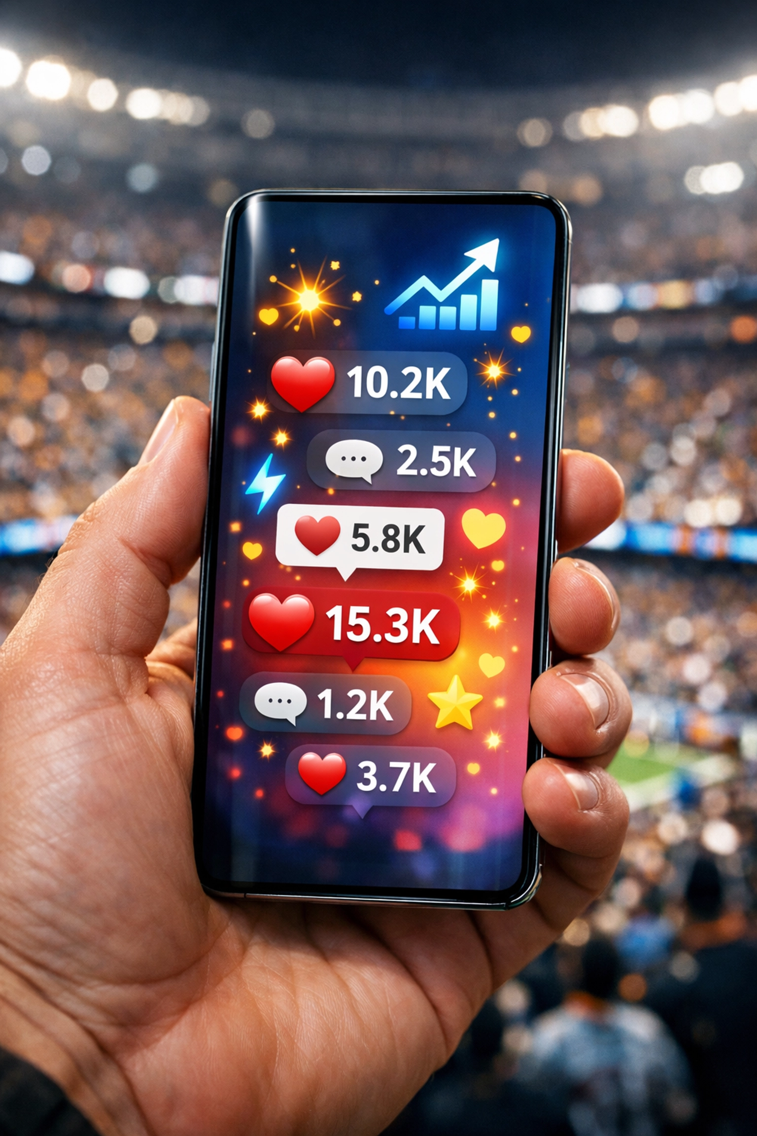 Smartphone showing viral social media posts and trending sports hashtags during a live game event.