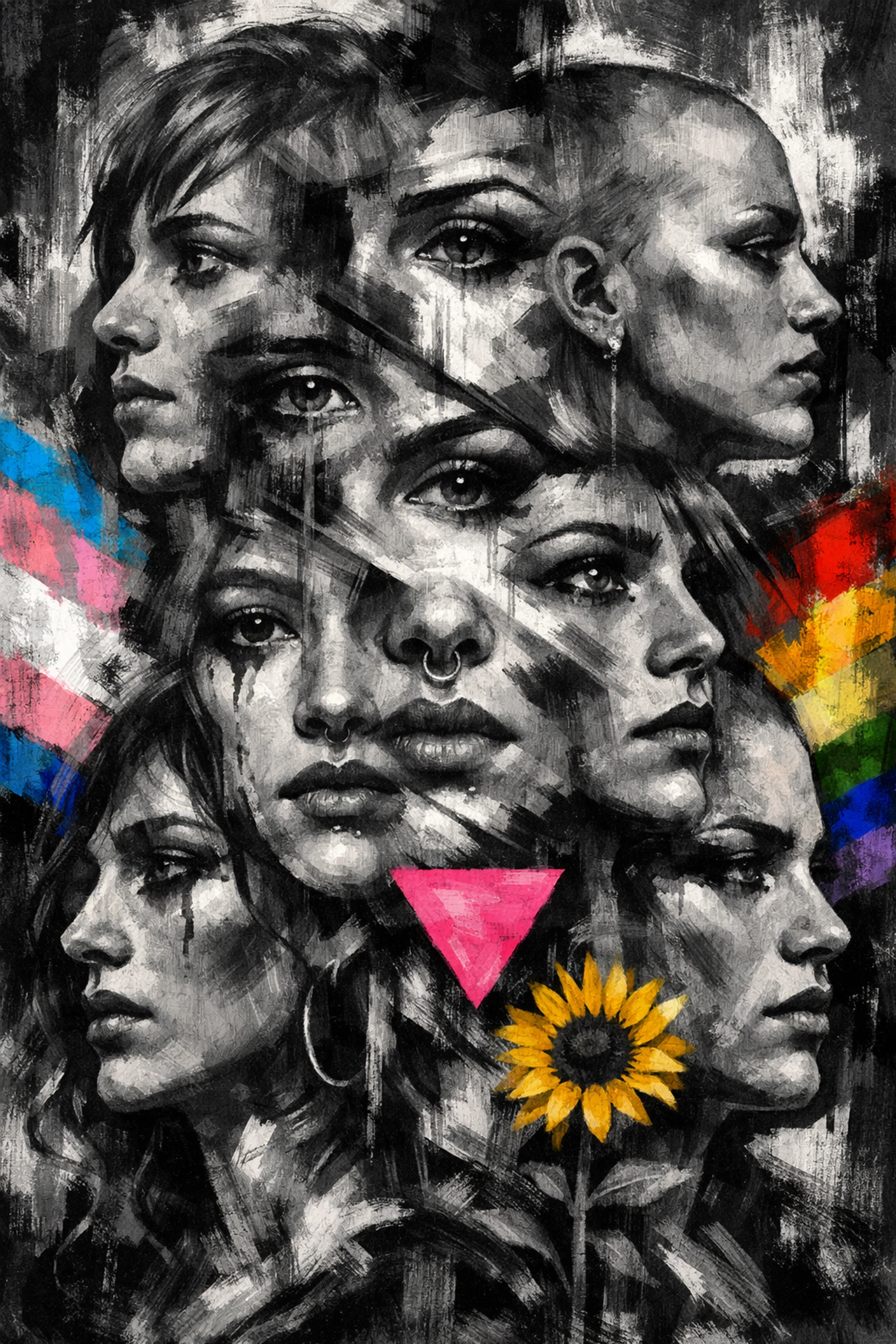 Composite portrait honoring trans and nonbinary victims, activist art by Anthony Peyton Young