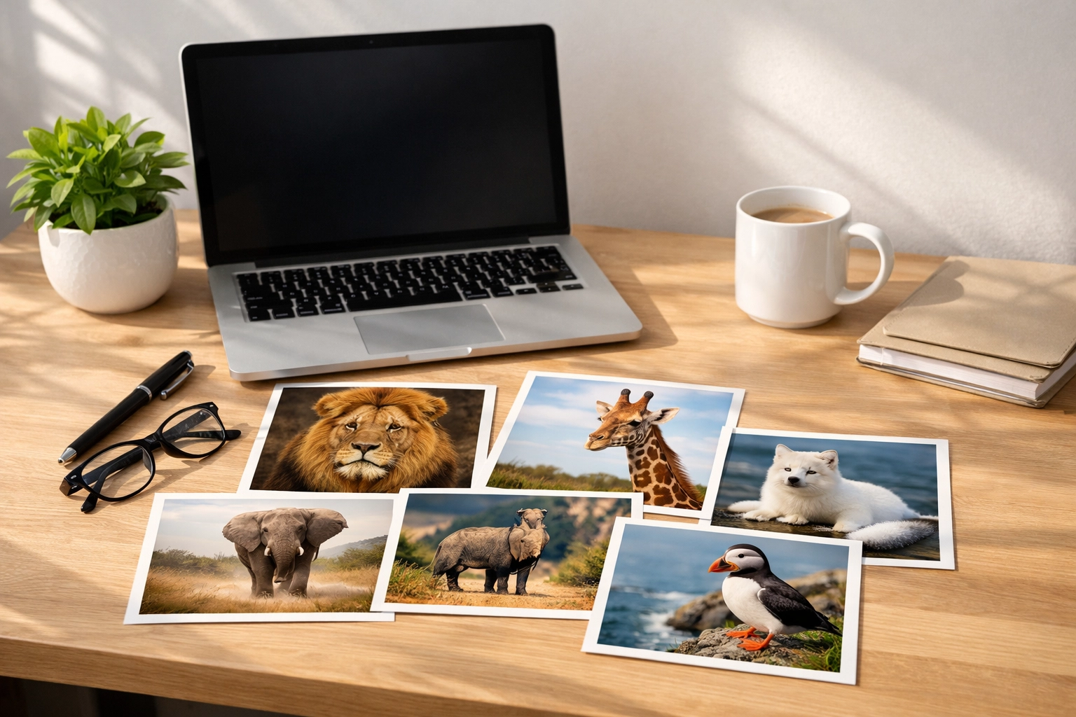 Organized workspace with animal photos and a laptop for managing daily aquarium species spotlight marketing.