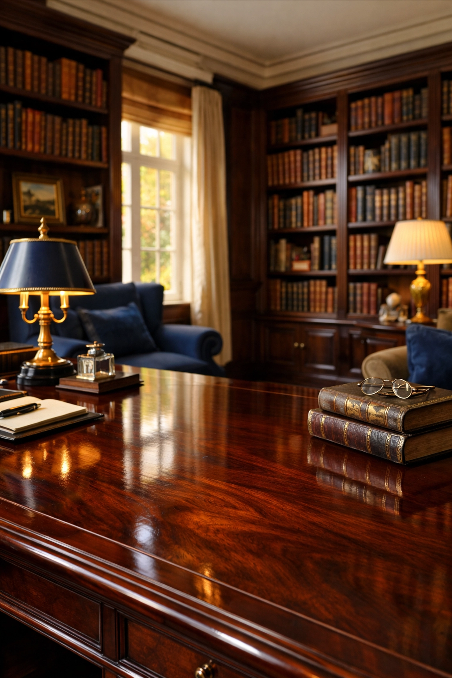 Polished wood furniture in a Dover estate library, cared for to prevent common luxury cleaning mistakes.