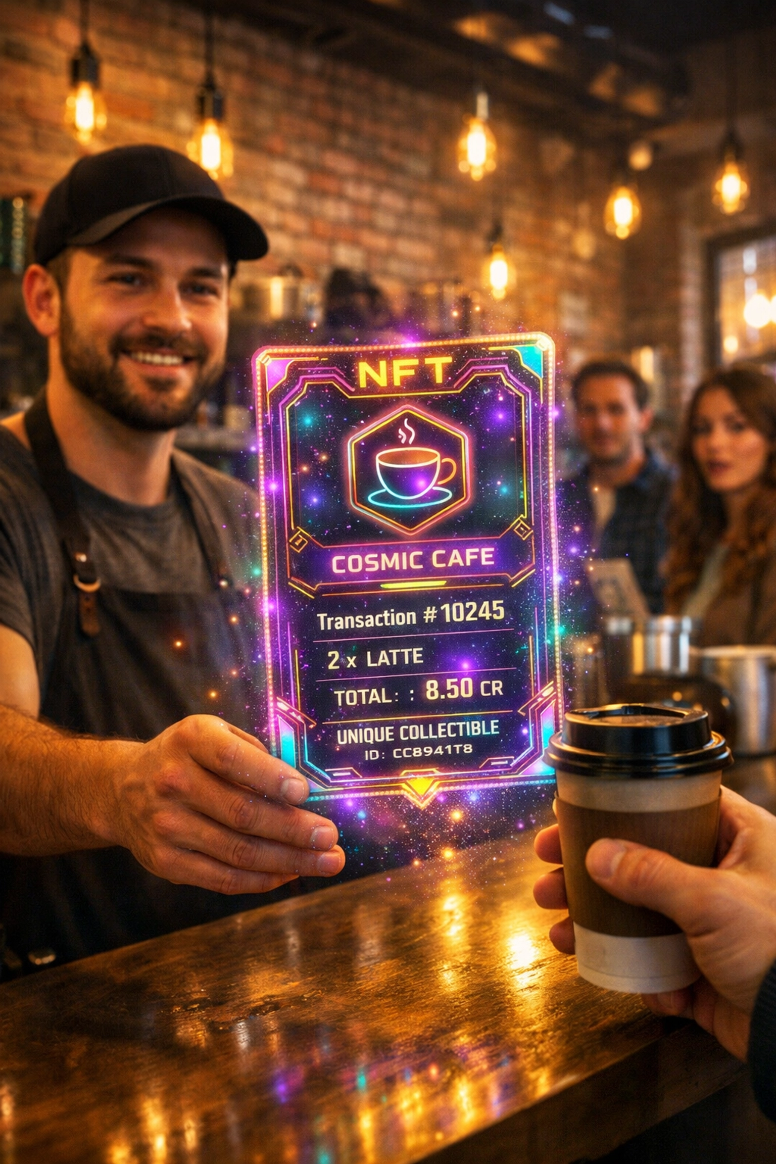 Coffee shop barista handing customer NFT receipt for crypto payment transaction