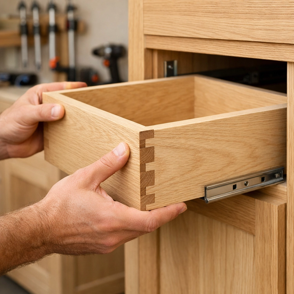 Close-up of craftsman installing custom kitchen cabinets with high-quality dovetail joinery.