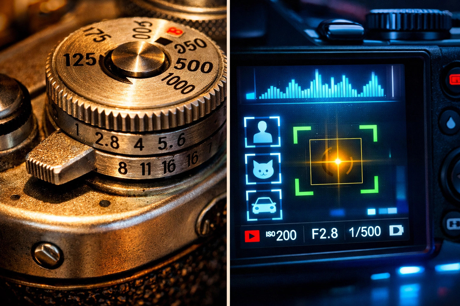 Comparison of vintage dials and modern AI screens for learning how to use manual mode camera effectively.