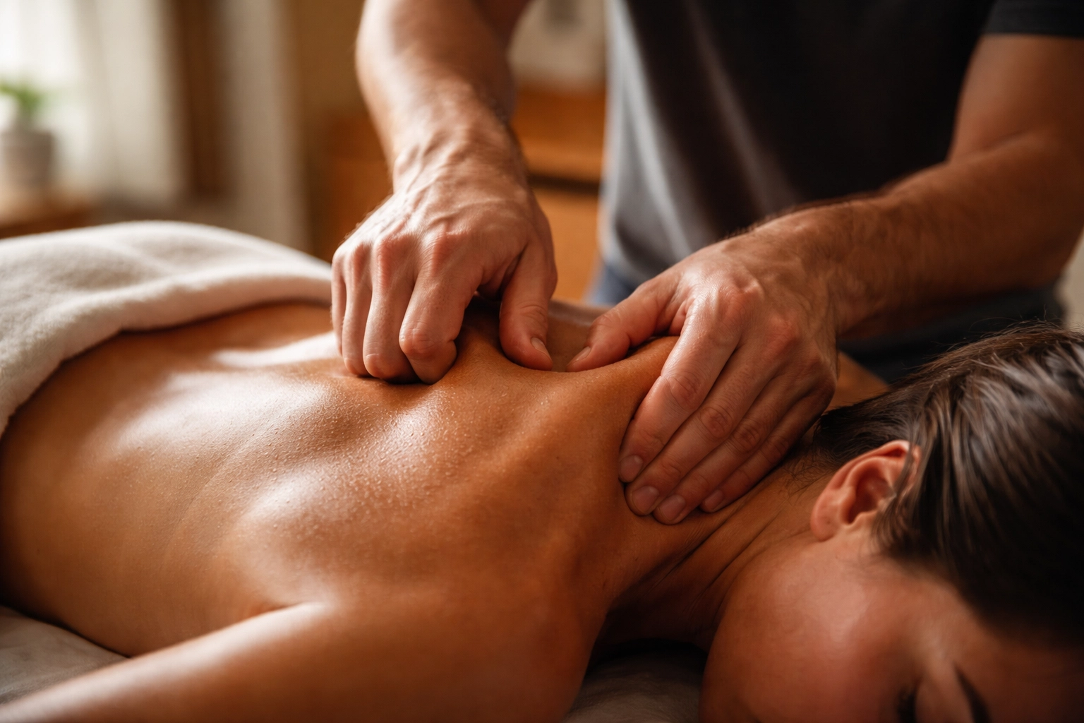 Massage therapist applying deep tissue massage to upper back and shoulders, focused on chronic stress relief in Edmonton.