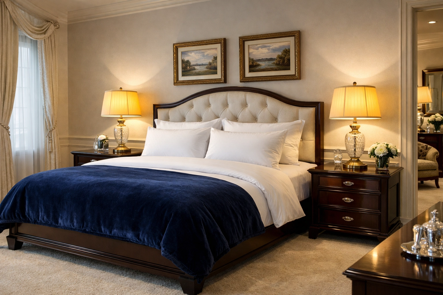 Luxury master bedroom in Weston featuring immaculate detailing from a recurring cleaning schedule.