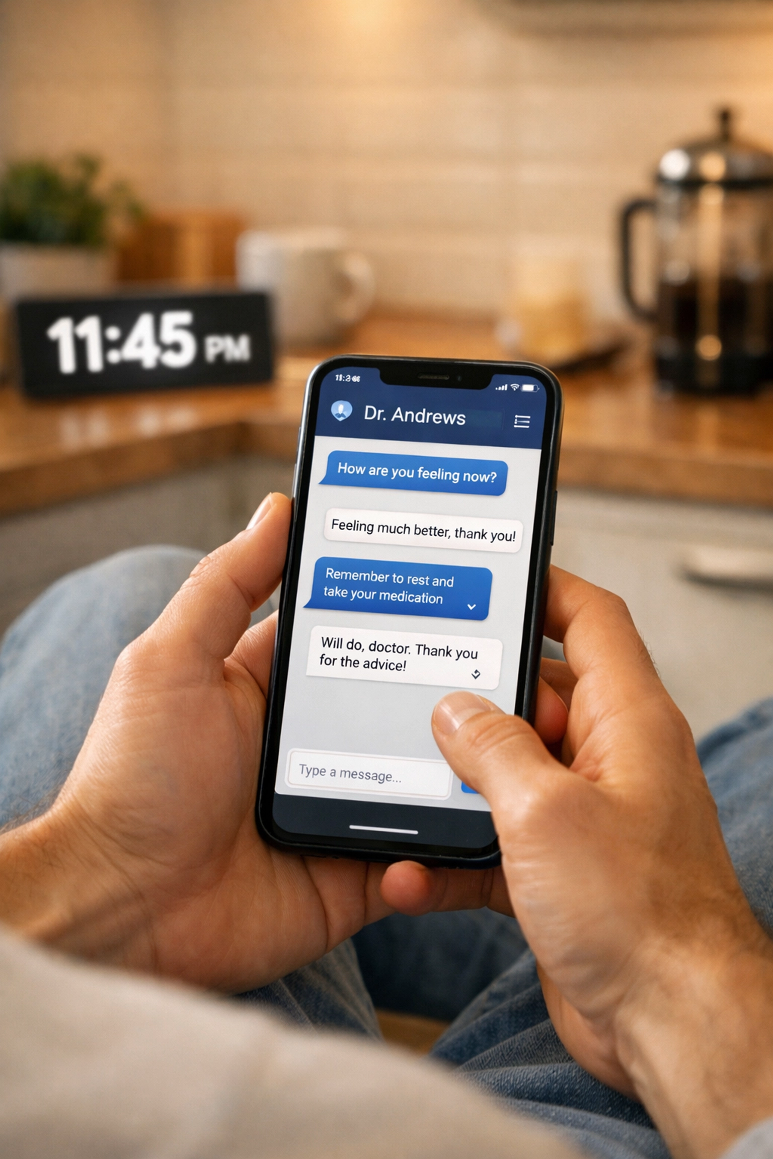 Person using secure medical messaging on a smartphone to chat with a doctor 24/7 at night.