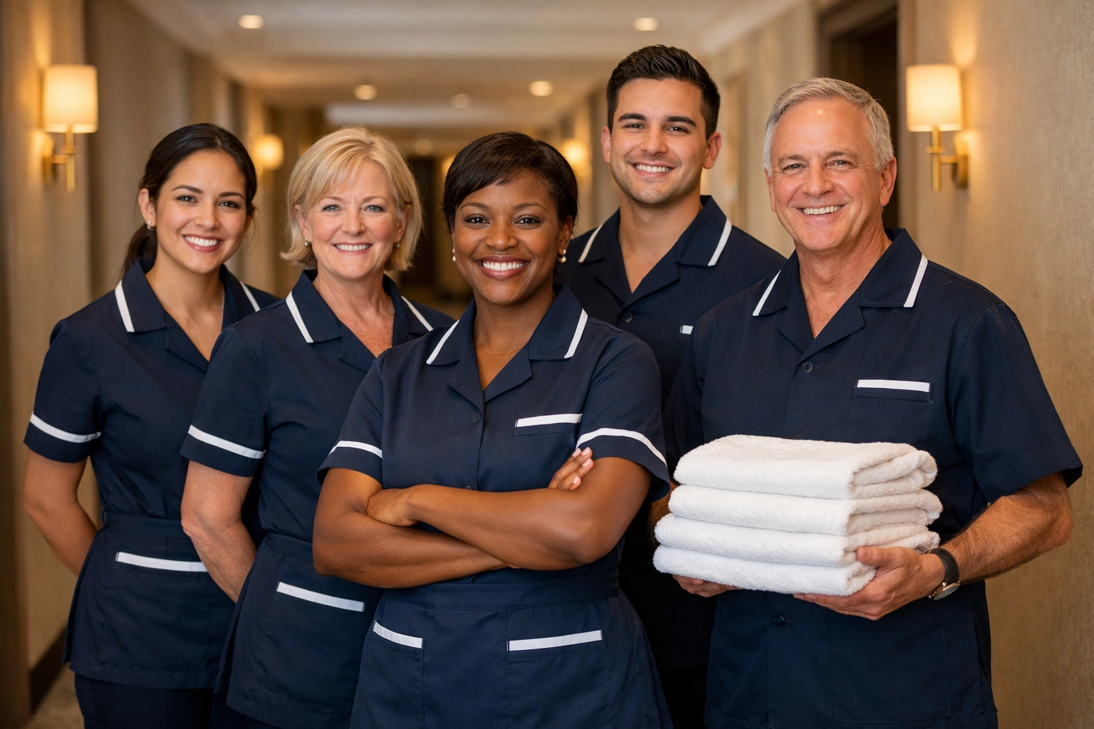 Diverse housekeeping team in hotel corridor representing reliable hospitality staffing