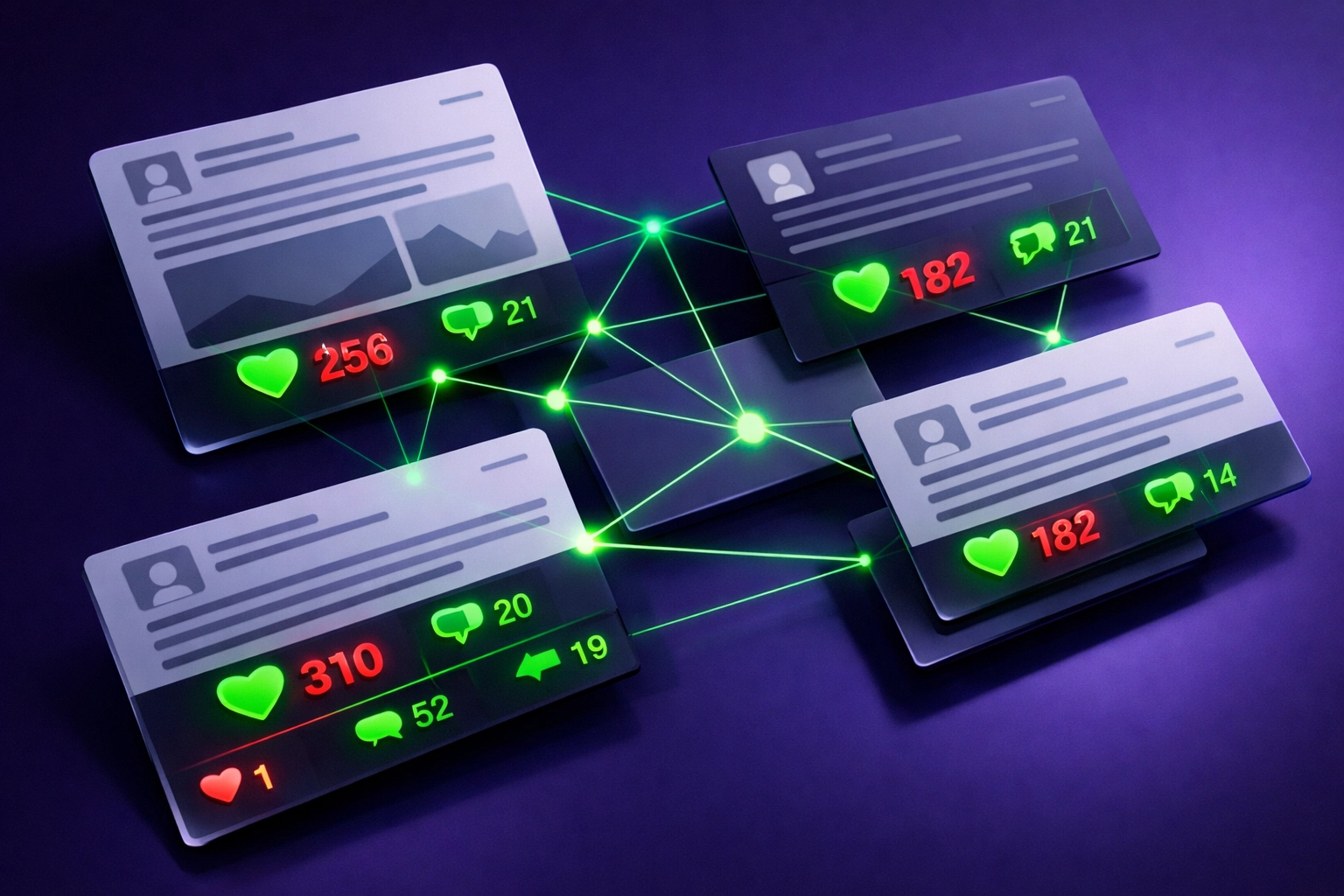 Social media platform engagement with likes, comments, and shares connecting audiences