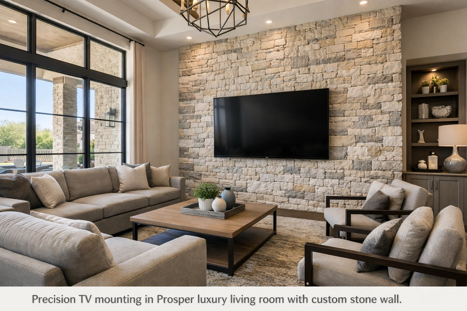 Professional TV mounting on stone wall in Prosper luxury home with hidden cables