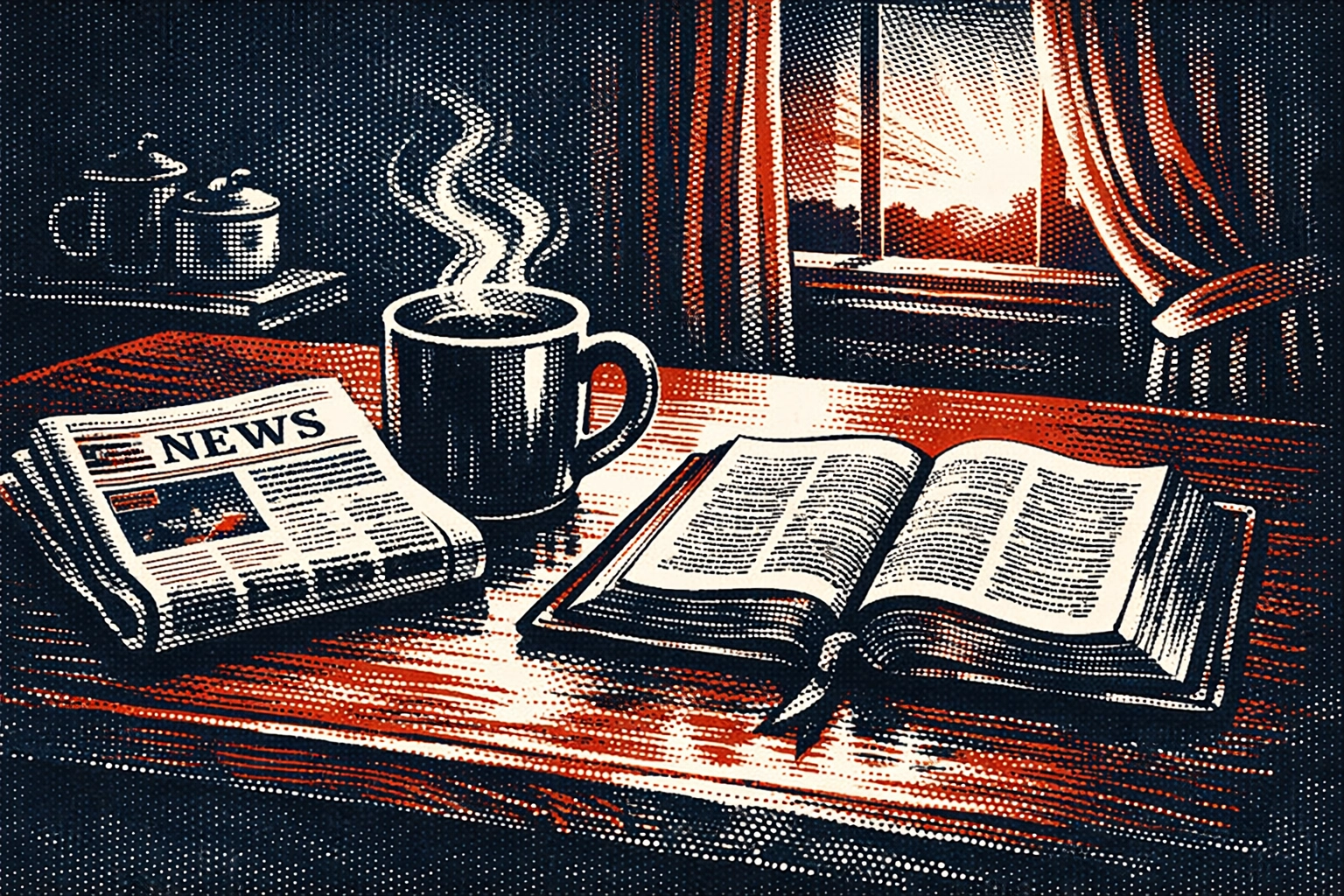 Peaceful morning breakfast table with Bible, coffee, and newspaper for faith-based news reading