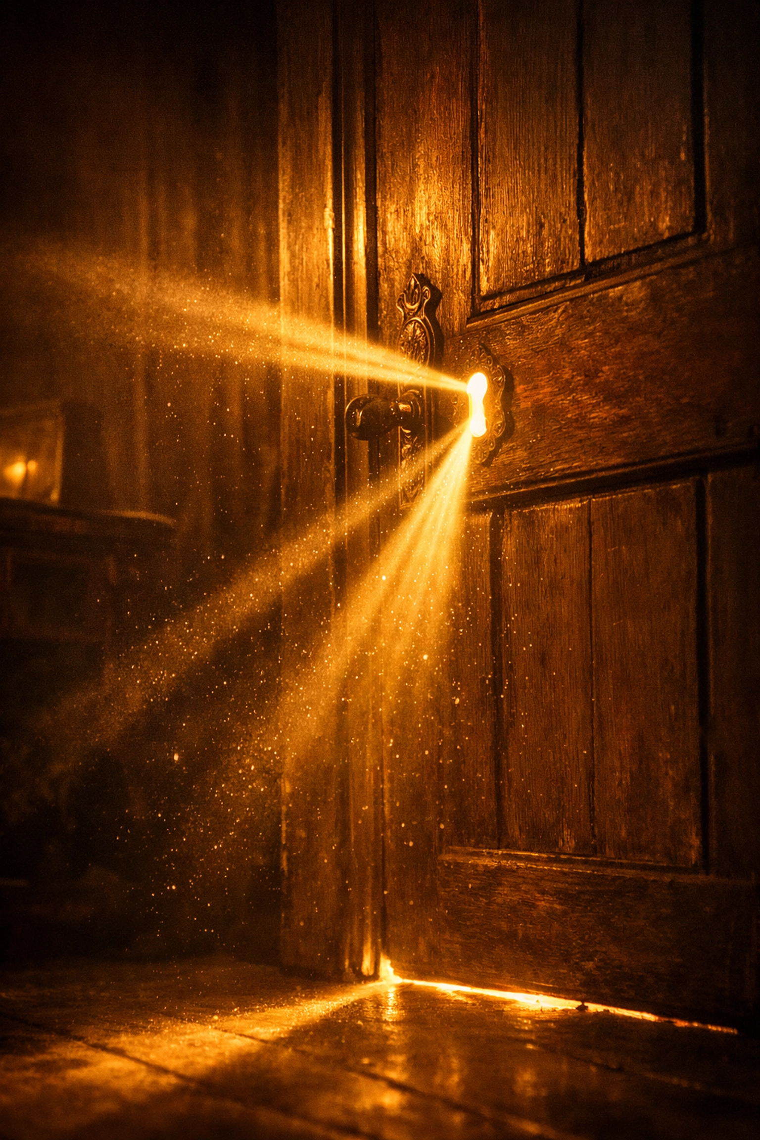 Golden light streaming through locked door representing Jesus' presence penetrating barriers