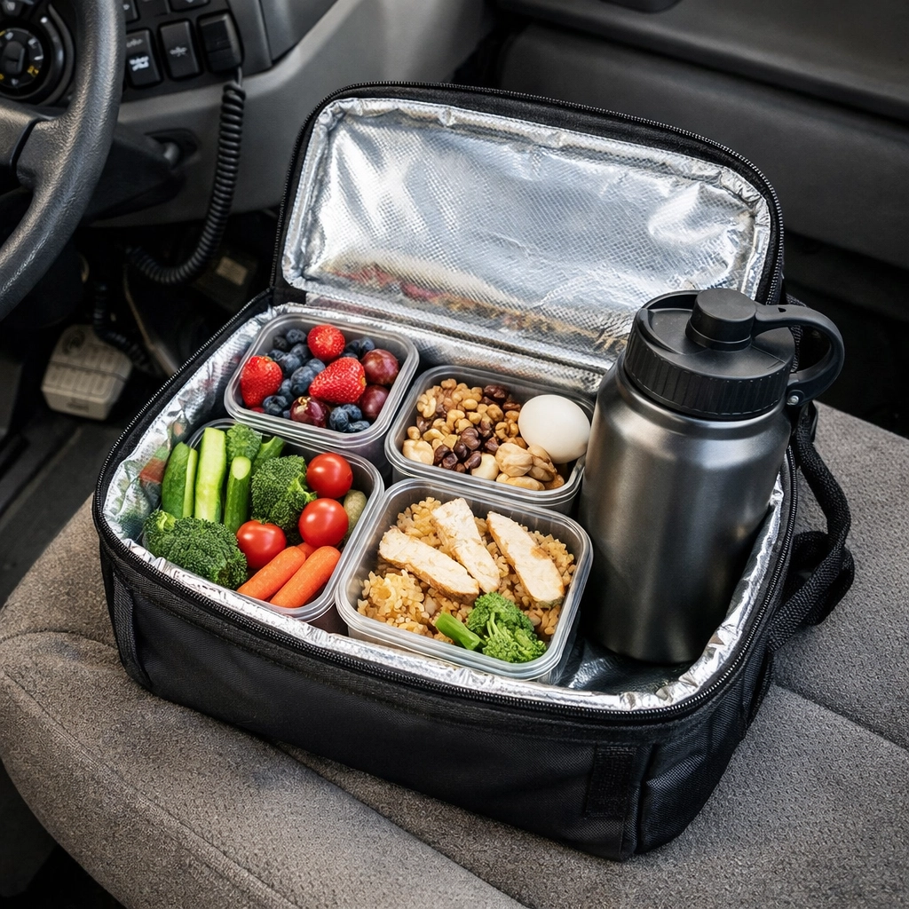 Healthy meal prep with fresh vegetables and water bottle inside truck cab for driver wellness