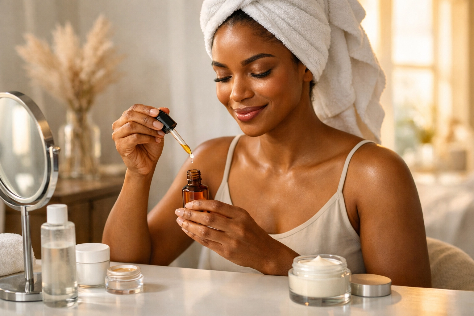 Morning Vitamin C serum and night retinol cream displayed on a vanity for a balanced skincare ritual.