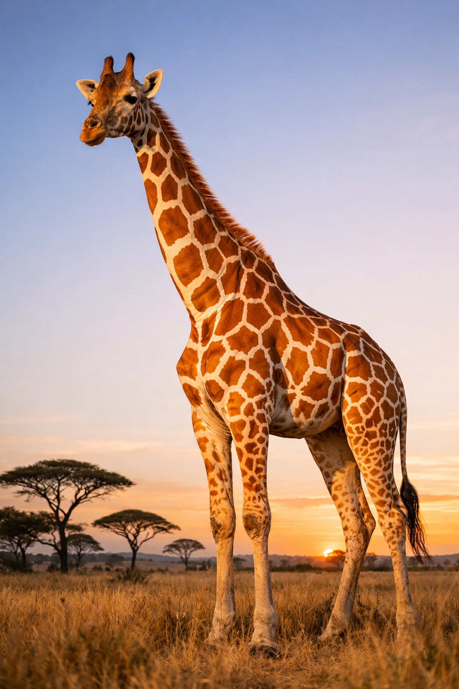 Majestic reticulated giraffe in the savanna sunset, ideal for impactful digital zoo marketing assets.