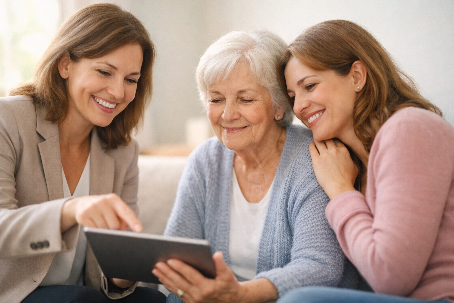A professional advisor providing expert senior living guidance to a mother and daughter.