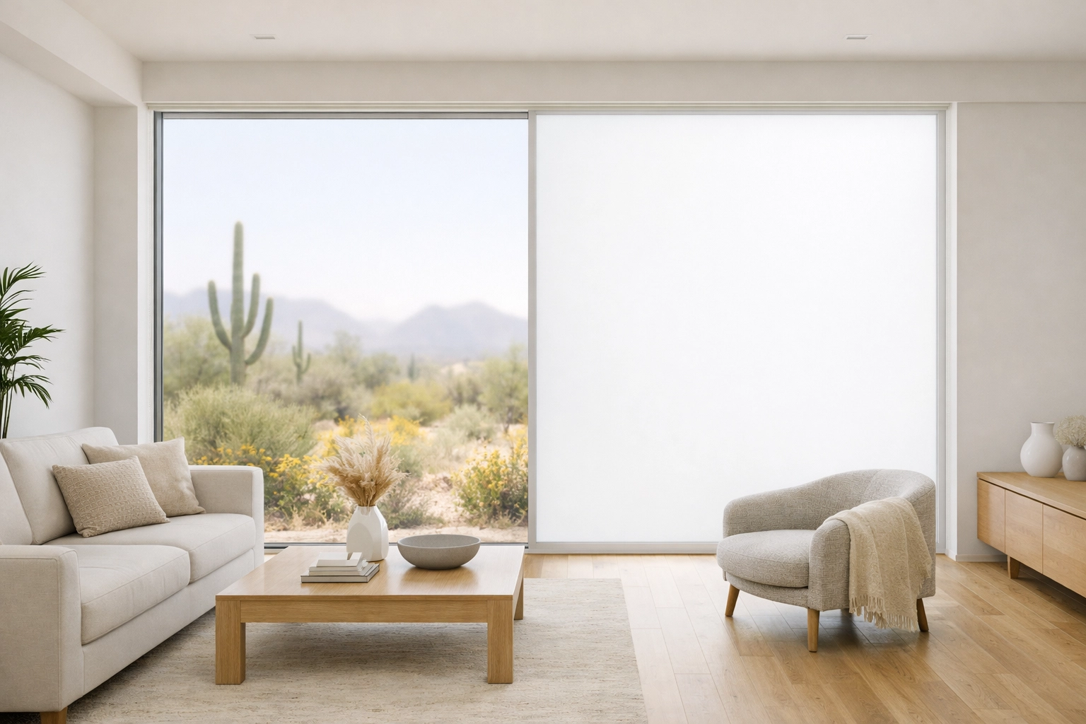 Smart film glass windows transitioning from clear to opaque for privacy in a modern Phoenix home.