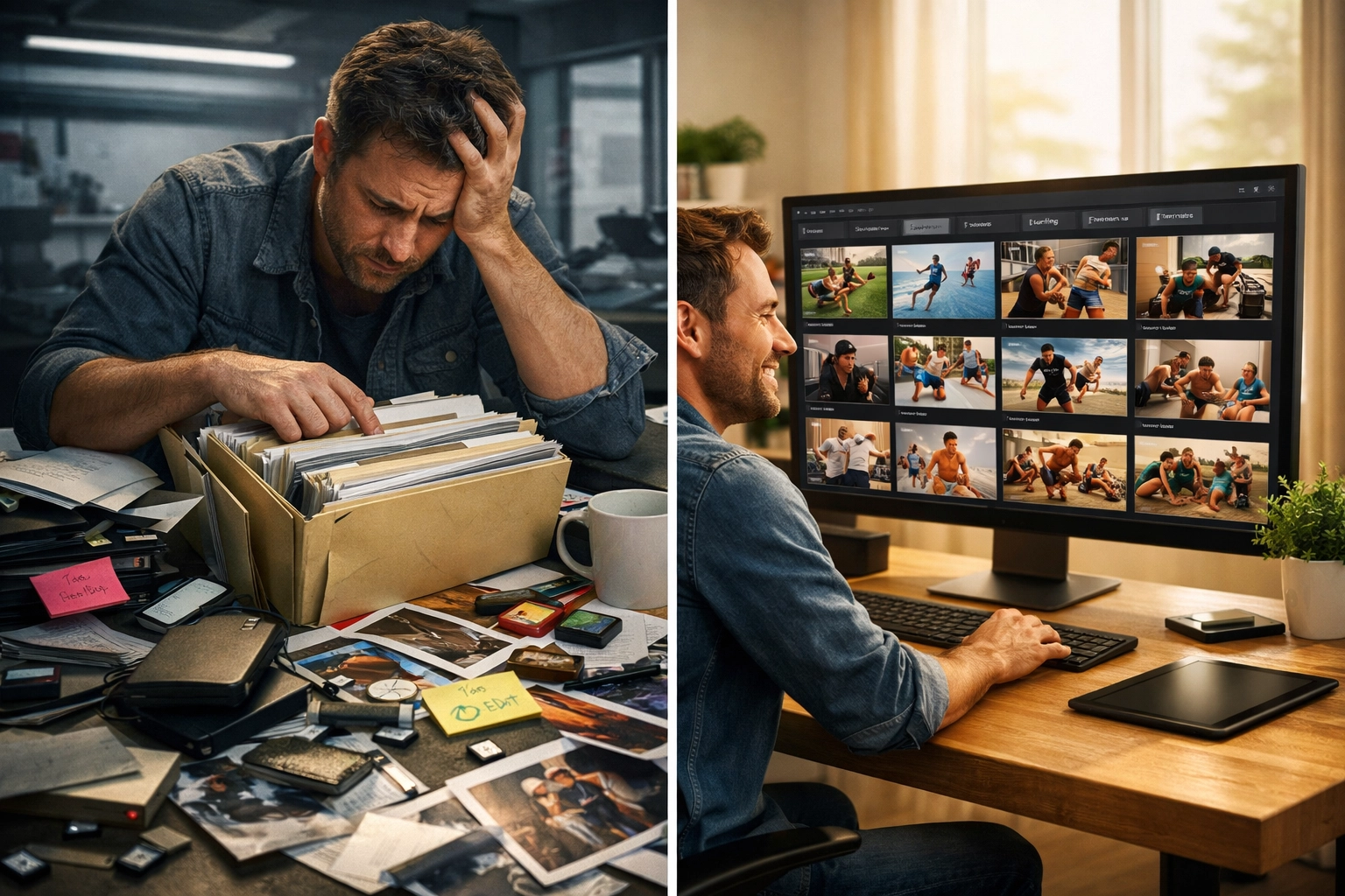 Before and after comparison showing disorganized desk versus organized media asset management system