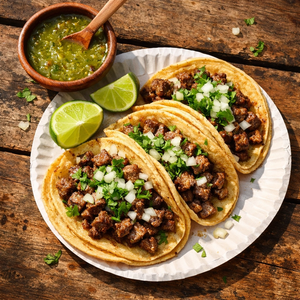 Fresh street tacos with carne asada, cilantro, onions, and salsa verde