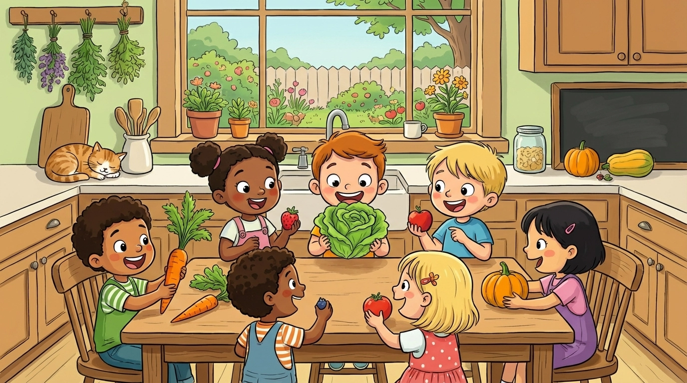 Cartoon children gather around a kitchen table exploring fresh vegetables, illustrating food security education at home.