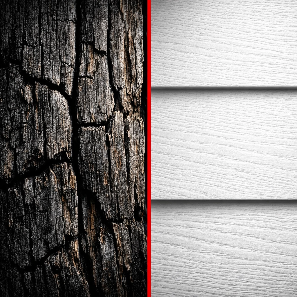 Comparison of old rotting wood vs durable James Hardie fiber cement siding installation.