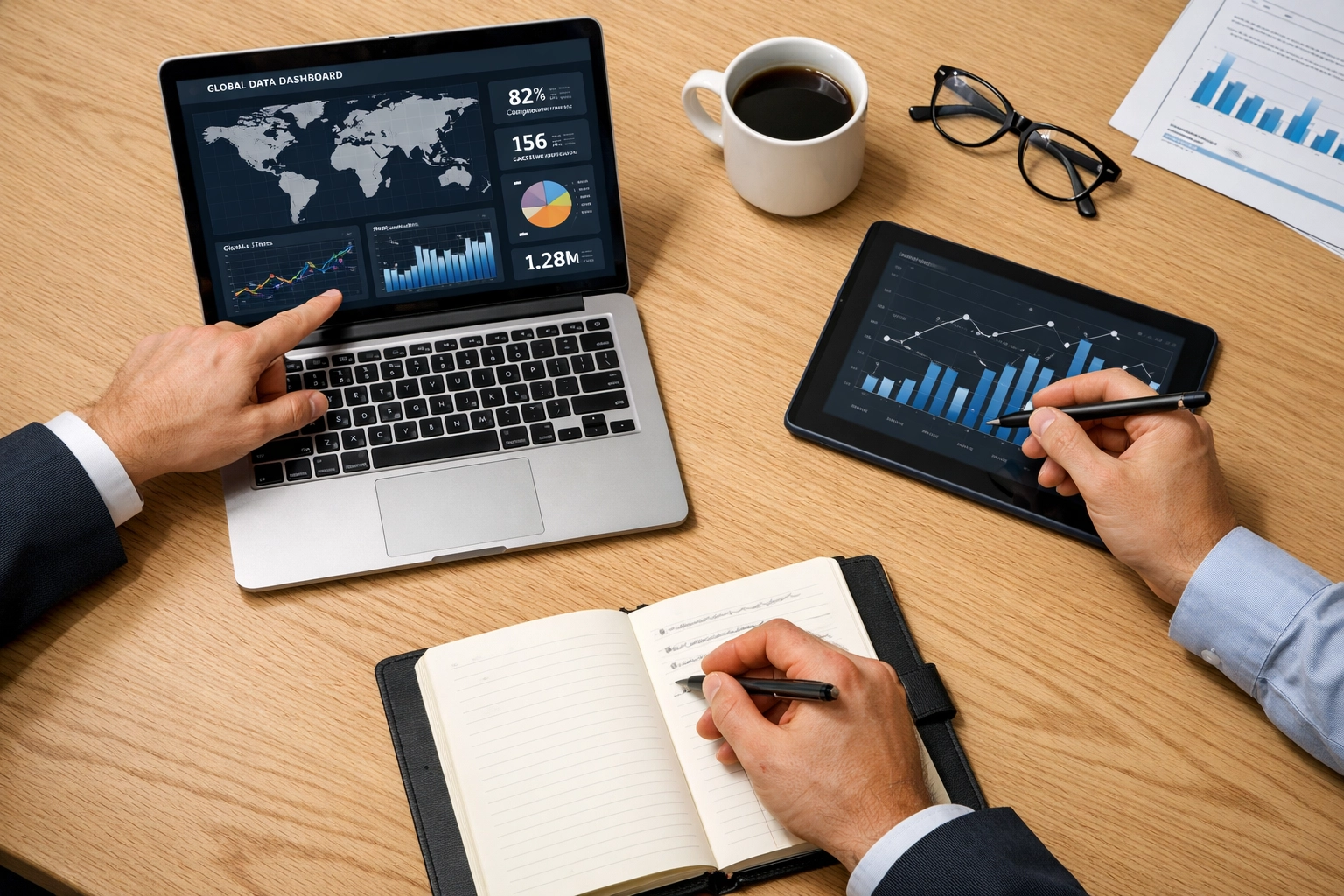 Strategic meeting reviewing ITOM data dashboard for ServiceNow compliance and risk management.