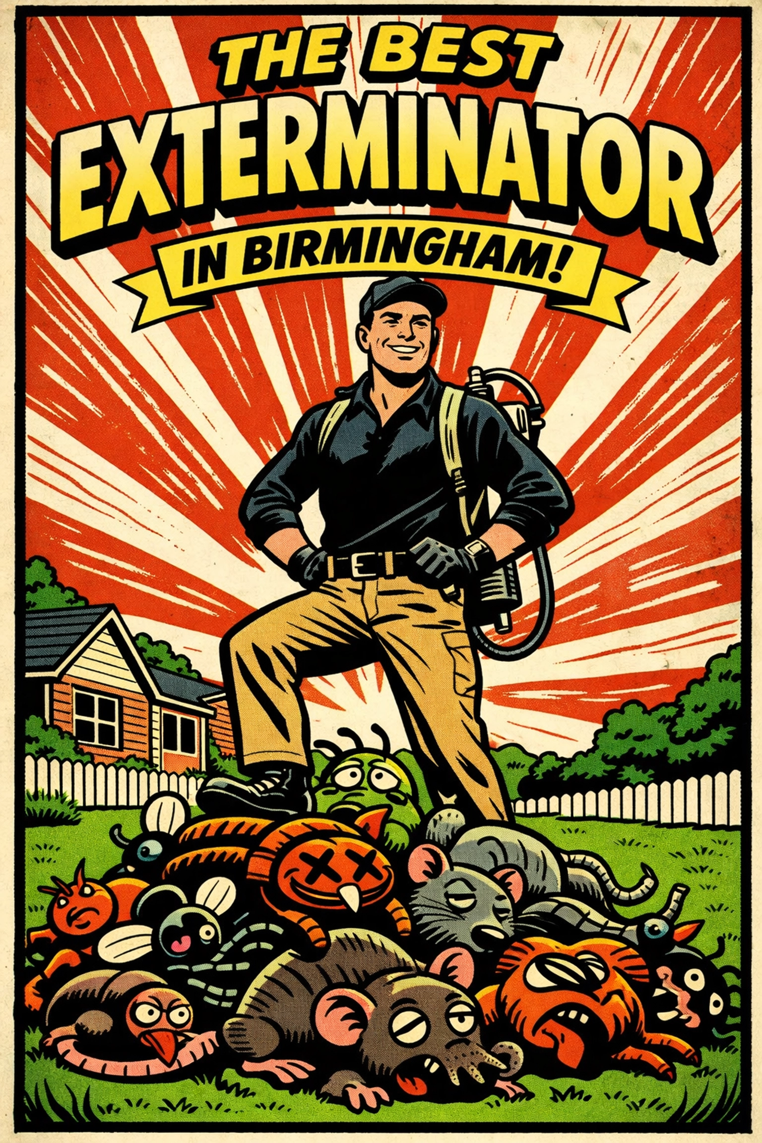 A triumphant Pest X professional representing the best pest control in Birmingham AL for local homeowners.