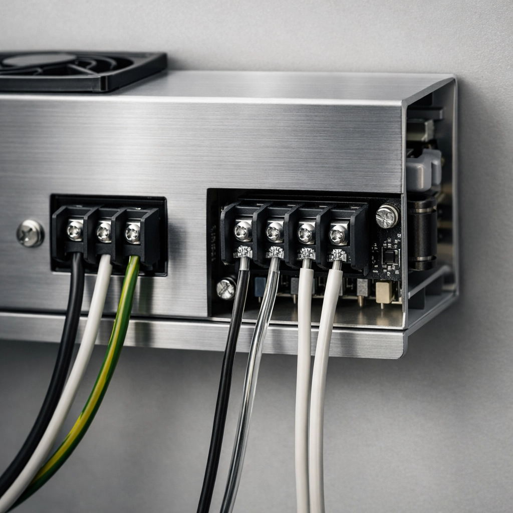 A professional PDLC power transformer with clean wiring for a switchable smart film installation system.