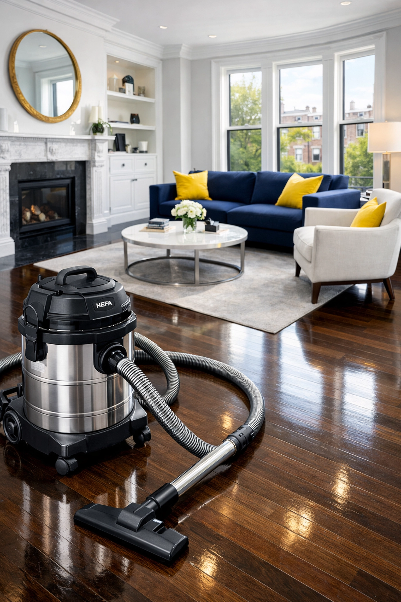 Professional HEPA vacuuming for post-construction cleaning in Massachusetts living room.
