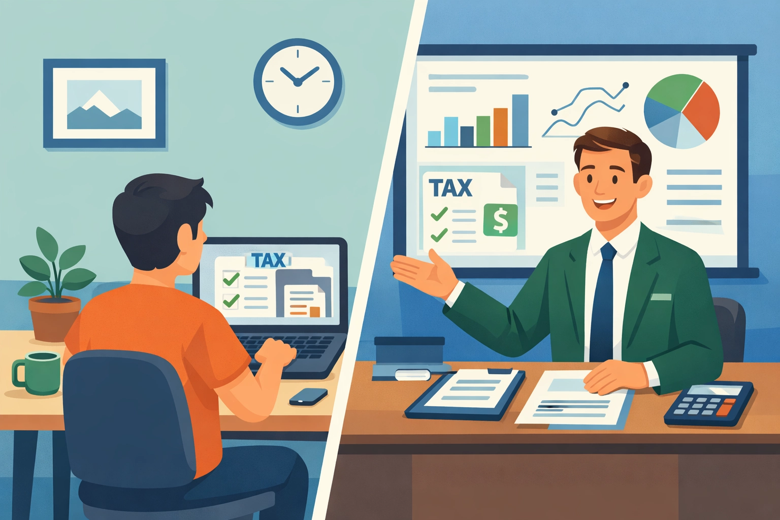 Taxpayer comparing DIY tax software versus working with professional tax preparer for maximum refund