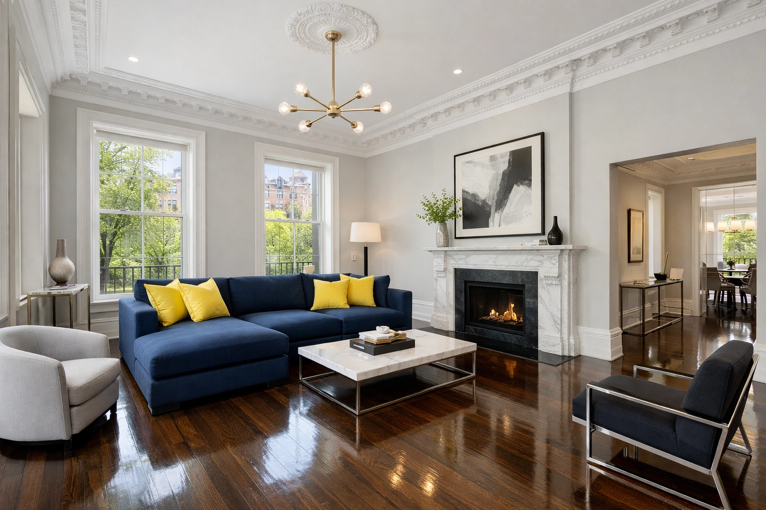 Pristine Boston brownstone living room with polished hardwood floors after professional apartment cleaning Boston.