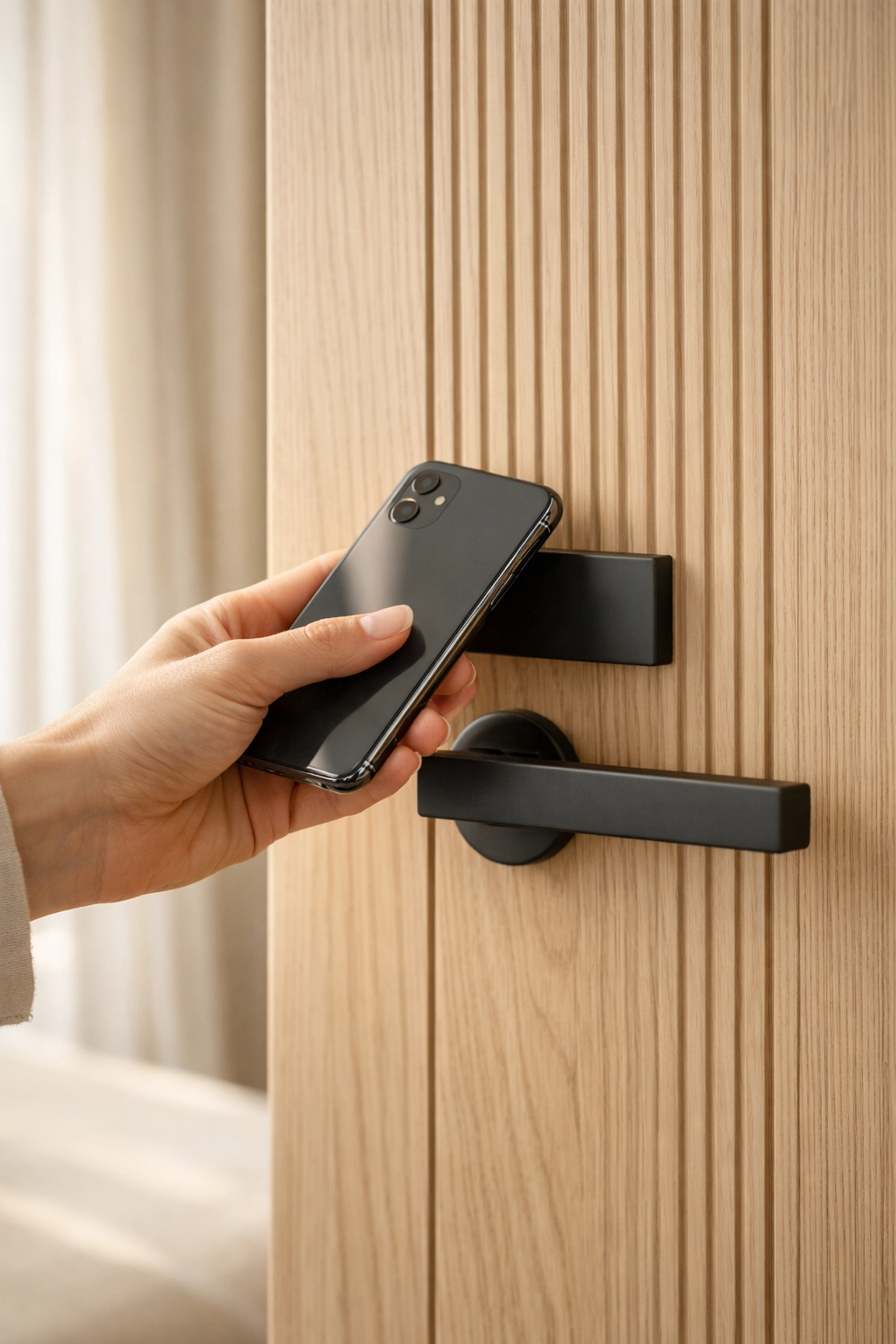 A guest uses a smartphone as a digital mobile key to unlock a modern boutique hotel room door.