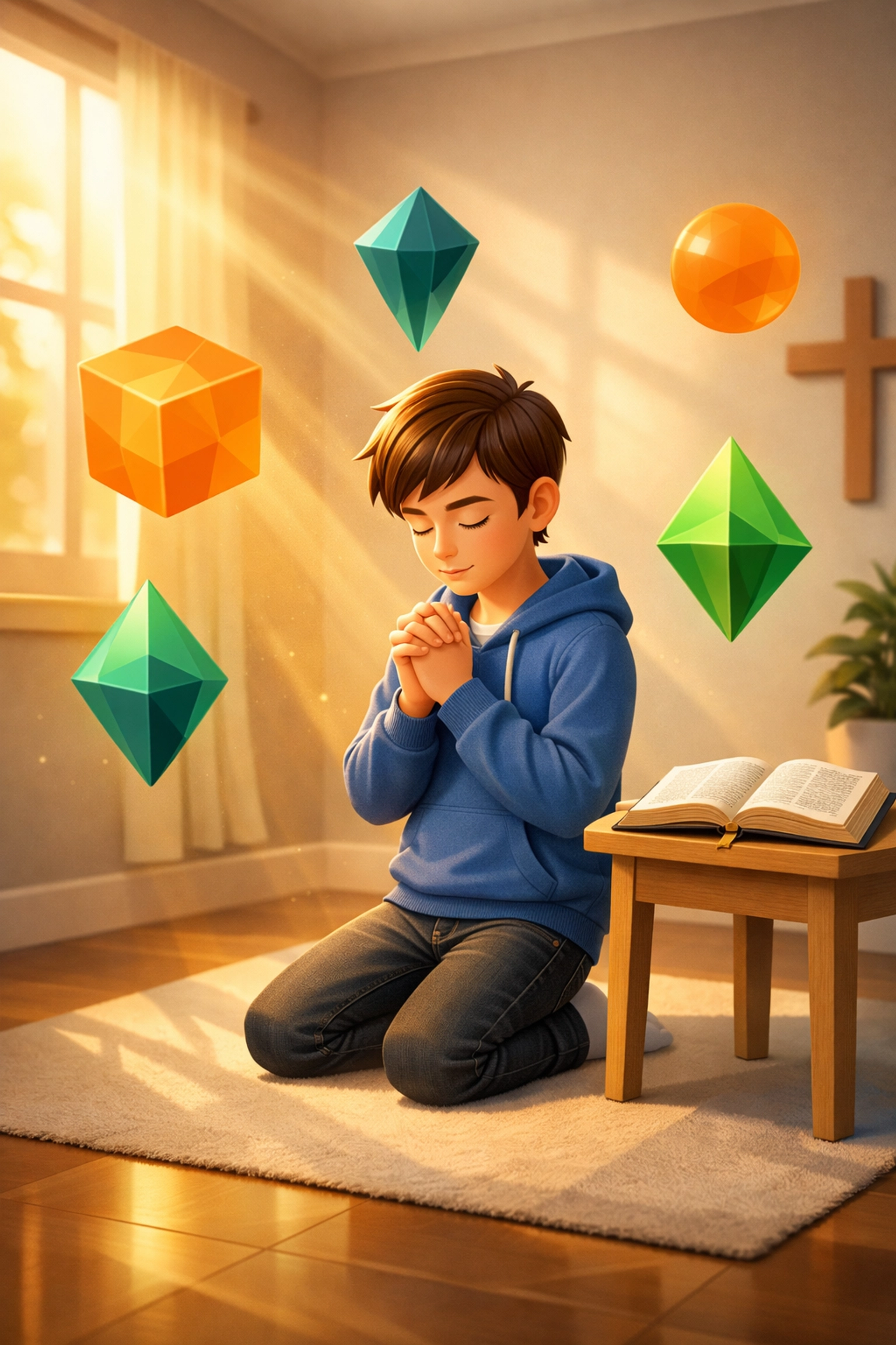 Teen boy praying with Bible nearby - developing personal devotional life and faith habits
