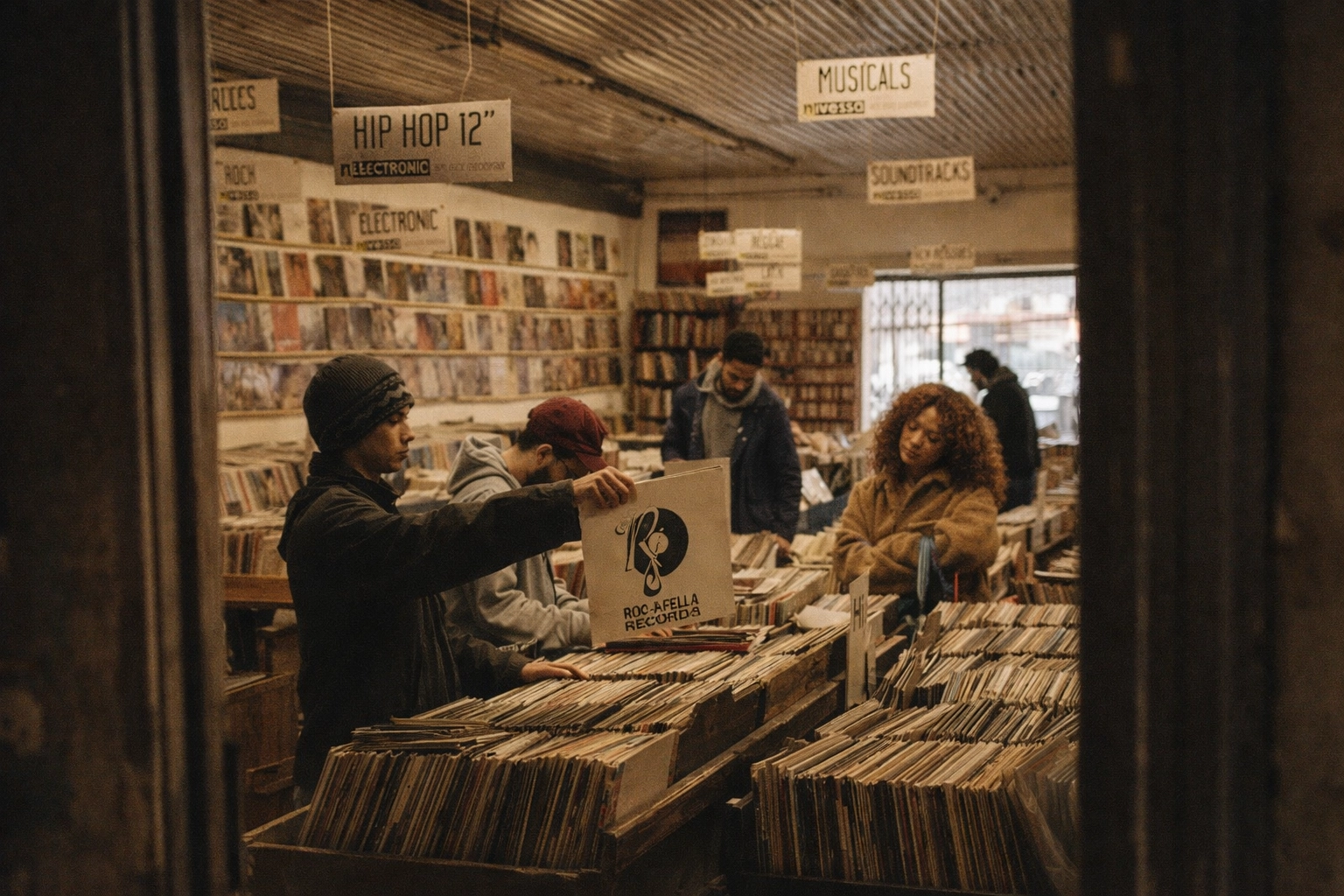 Customers browsing and flipping through vinyl records in a well-organized Nivessa store