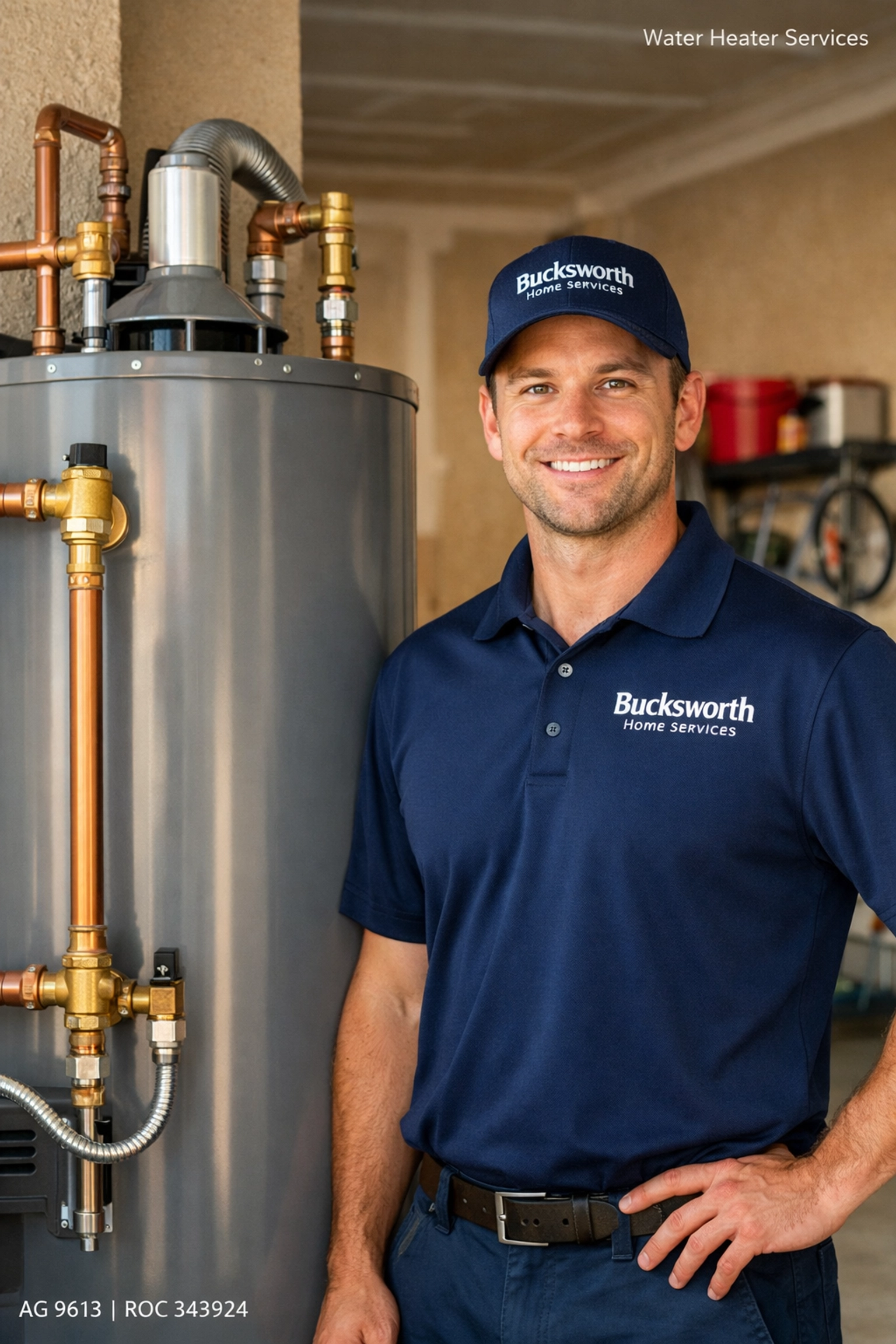 Bucksworth technician inspecting a modern water heater for reliable hot water in a Tolleson AZ home.
