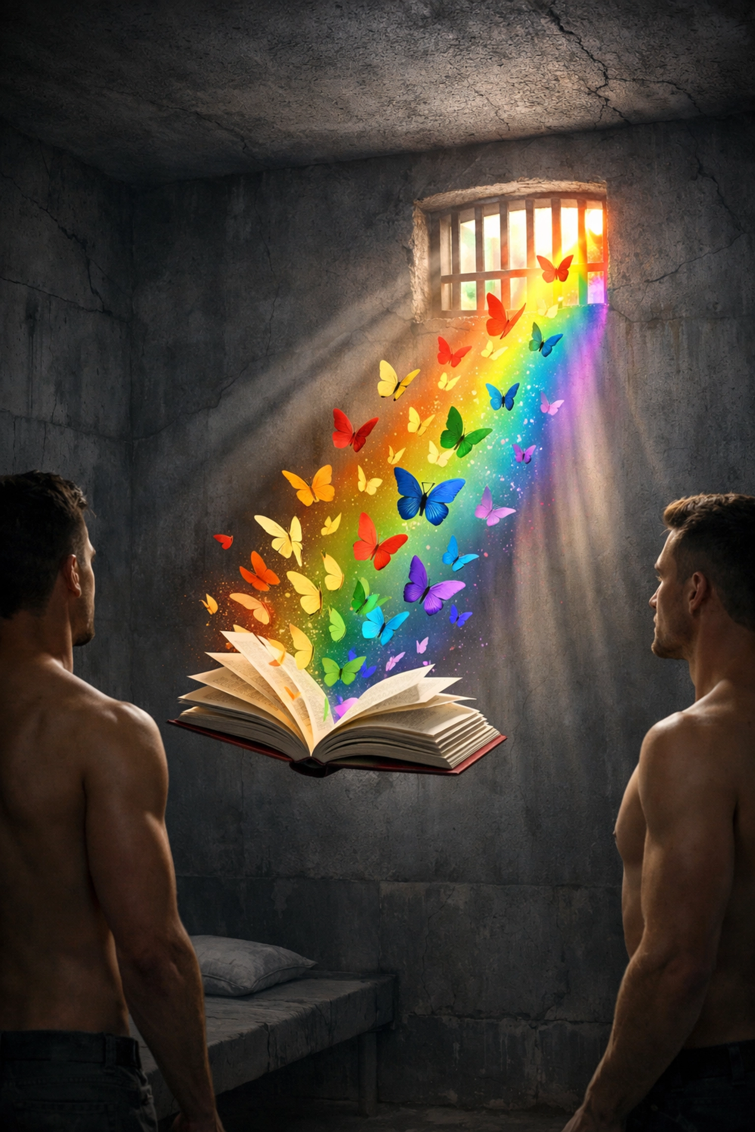 Open book with rainbow butterflies in prison cell representing hope and escape through reading