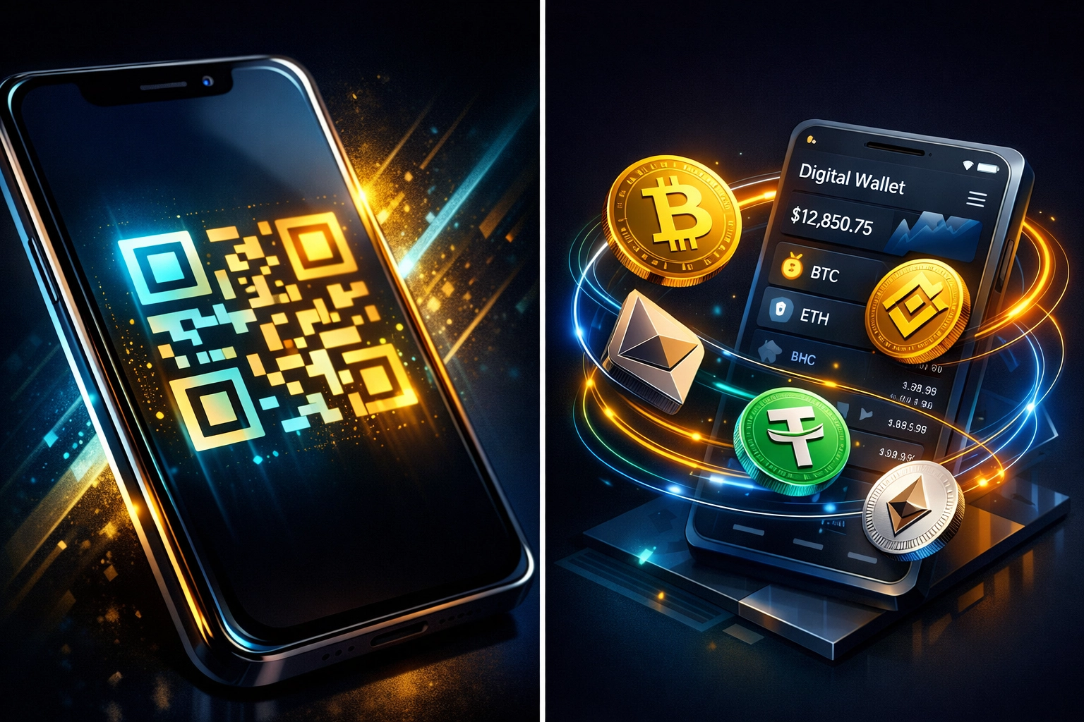 Crypto POS setup showing QR code payment on smartphone and digital wallet interface